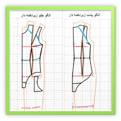 مدل ۶۰ ـ  زیردکمه دار با ساسون سرشانه +‌ دامن + مایو پادار